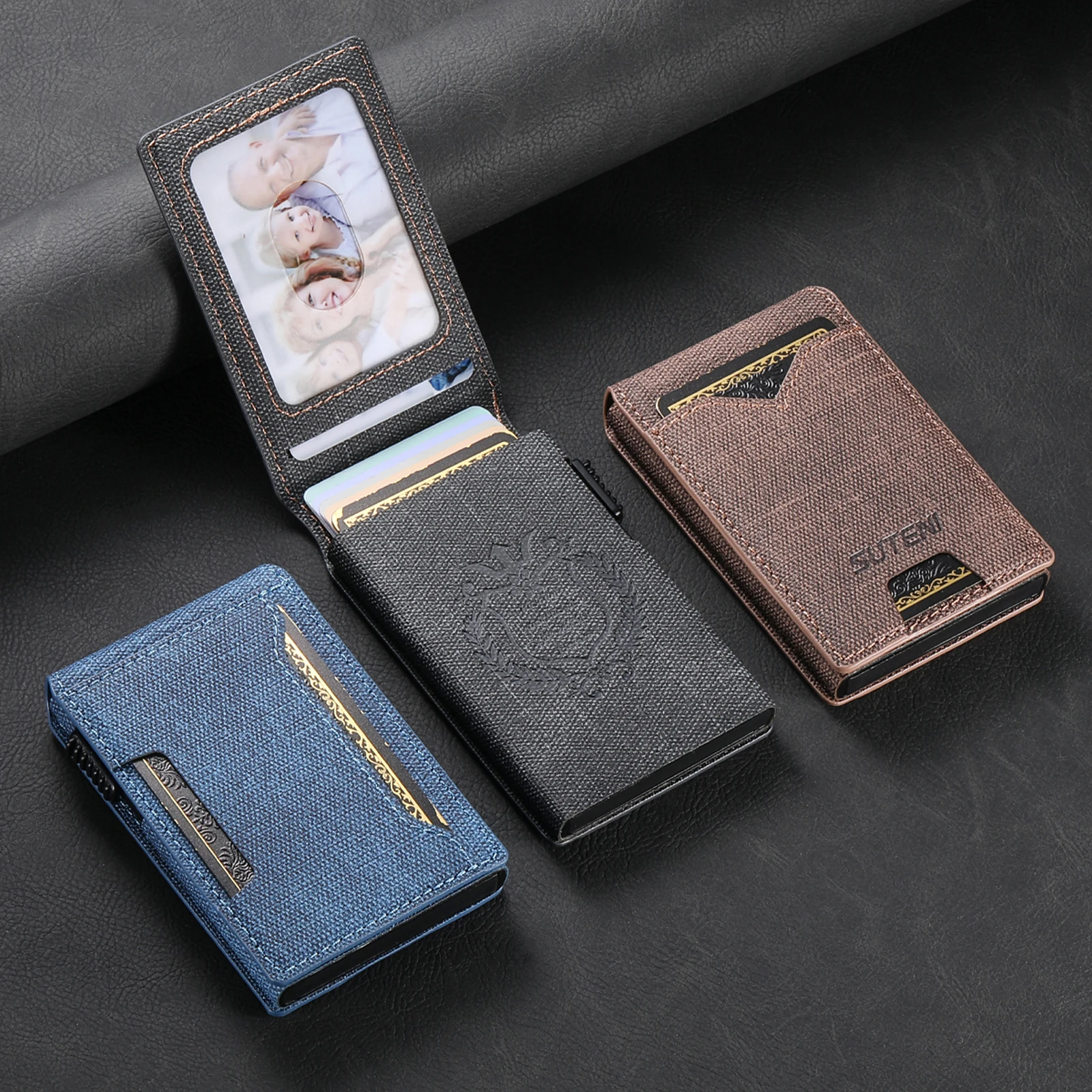 SUTENI Kunstleder für Herren, Geldbörse, Kartensteckplatz, Geldbörse, Flip-Cover, Kartenbox, drückt den Knopf automatisch die Karte aus – Detail 33