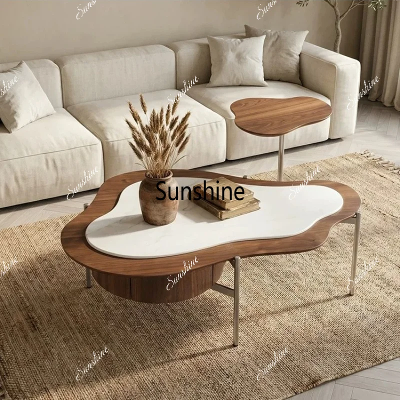 Modern light luxury household living room solid wood coffee table special-shaped marble tea edge table