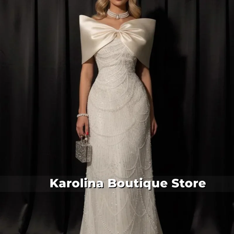 Customized White Beading Pearls robes de soirée Shawl Sleeveless Party Dresses Floor-Length Trailing A-line Prom Dress