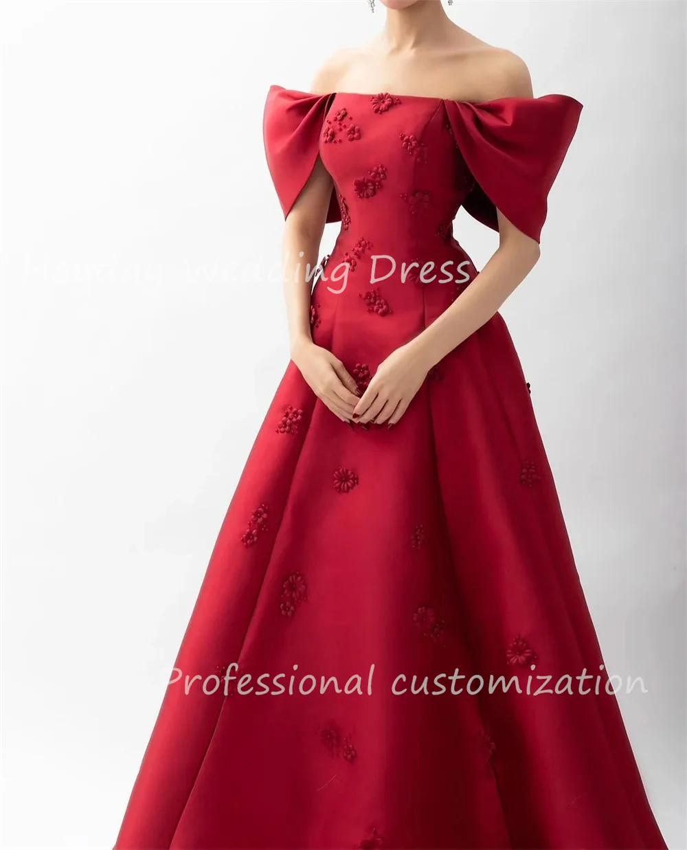 Heyday lindo vestido personalizado com flores franzidas, ombro de fora, linha a, vestido de noite formal, comprimento do chão, vestido de festa para mulheres