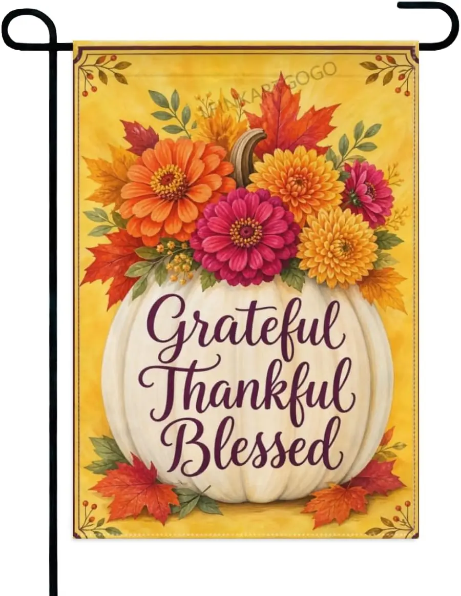 Gratitude Harvest Garden Flag White Pumpkin with Autumn Flower Bouquet Grateful Thankful Blessed 12x18 Inch Double Sided Pol aaz