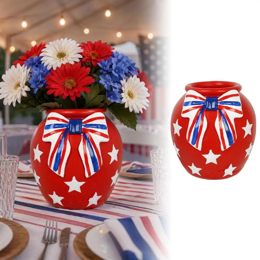 Decorative Plant Pot Flower Container Independence Day Resin Vase 4th of July Patriotic Flower Container White Blue Bow Table