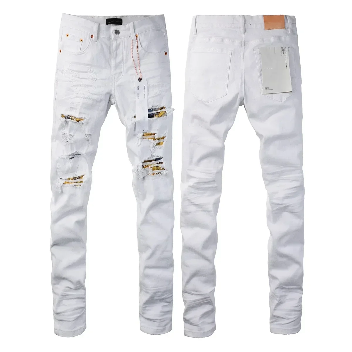 Topkwaliteit Paars Heren Jeans Mode Streetwear Wit Patch Gat Reparatie Lage Convexe Strakke Denim Broek Brandbroek