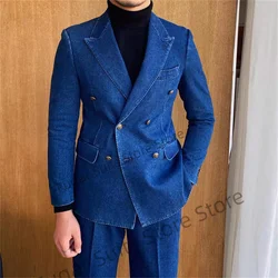 Fashion Denim Blue For Men Tailor Made Double-Breasted Slim Fit  Groom Tuxedos 2 Pieces Sets Elegant Male Blazer Costume Homme