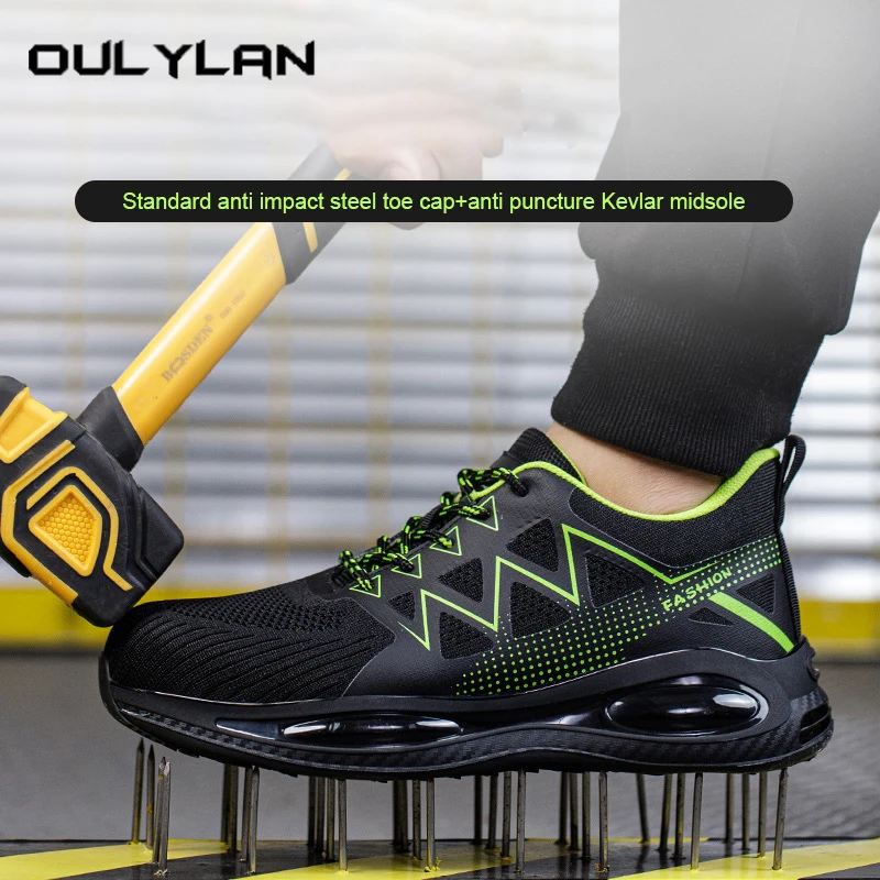 Oulylan New Men Safety Shoes Steel Toe Sneakers Puncture Proof Work Safety Boots Breathable Lightweight Air Cushion Shoes Male