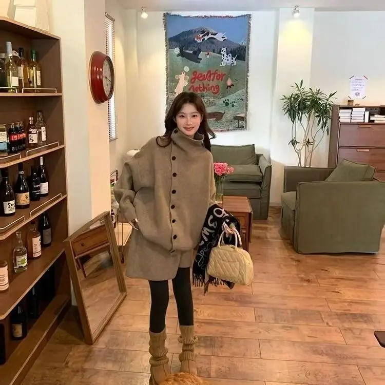 Two-Piece High-Neck Long-Sleeved Knitted Sweater Cardigan Short Skirt Autumn Winter New Korean Style Loose Senior Suit