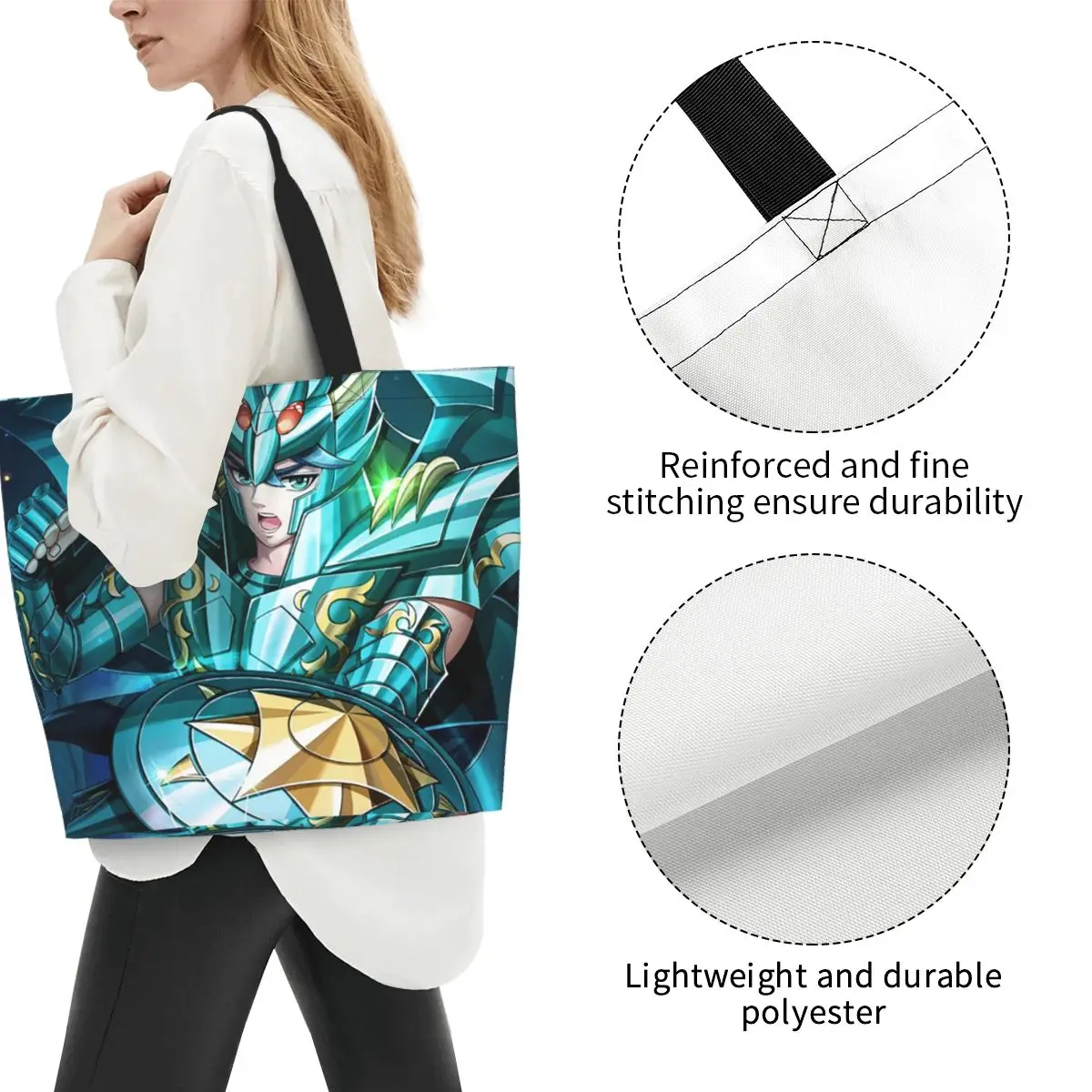 Anime Knights Of The Zodiac Dragon Shiryu Shopping Tote Bag Canvas Large Capacity Shoulder Bag Shopper Grocery Handbag for Women