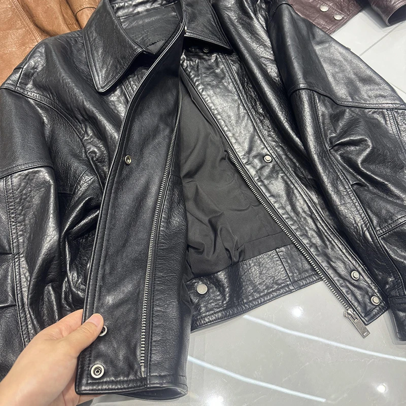 Casual Motorcycle Leather Jacket for Women 2026 New Retro Oil Waxes Leather Female Lapel Loose A-level Sheepskin Jacket Coat