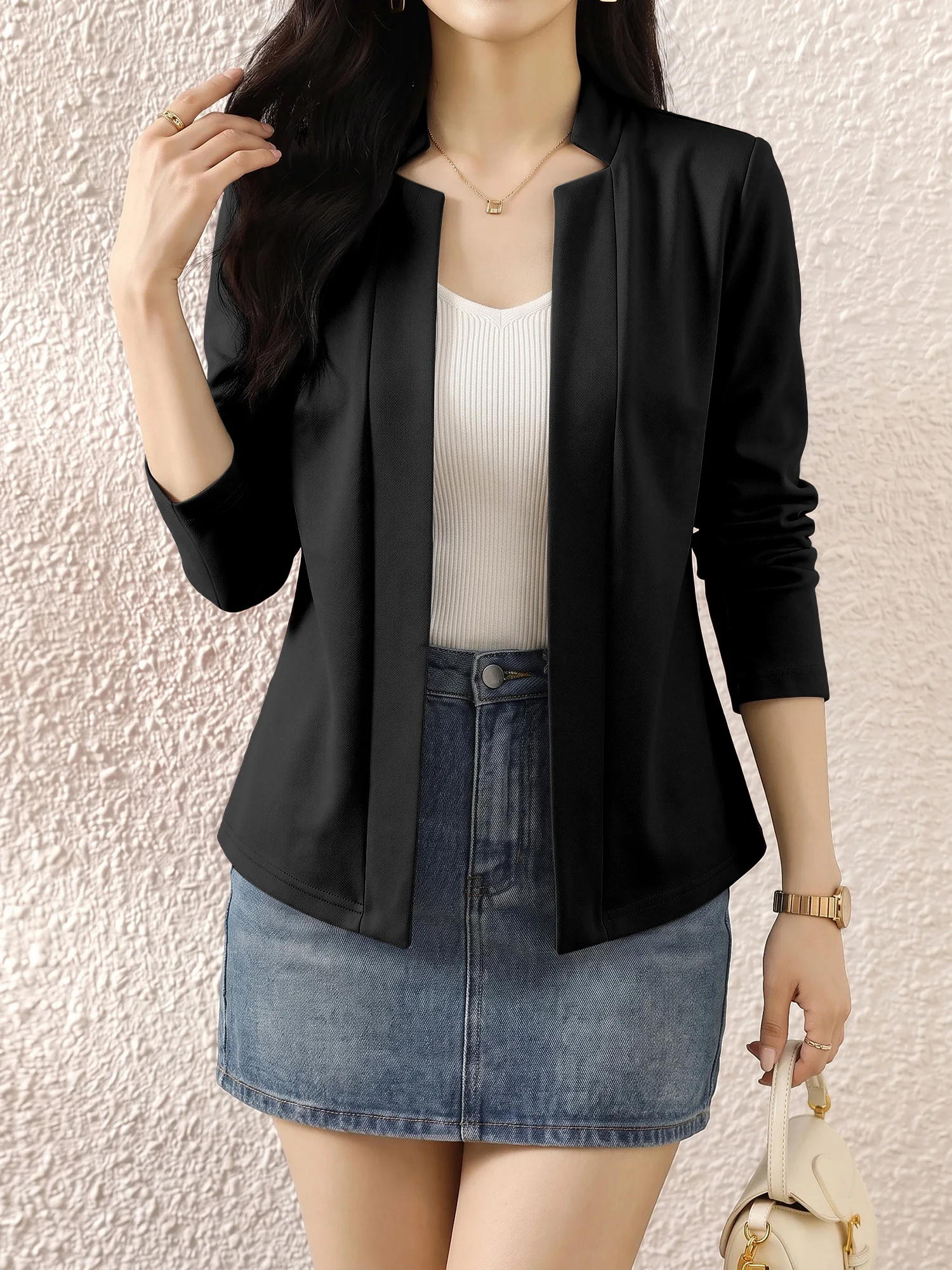 Elegant Women Open Front Suit Jacket Mandarin Collar Long Sleeve Slim Fit Business Casual Blazer For Daily Wear