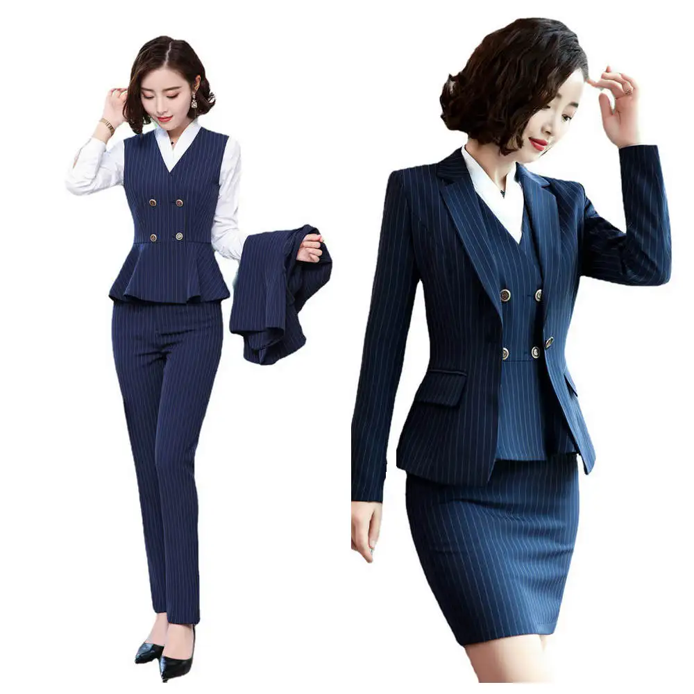 Korean Style Uniform Work Wear Suits with Jackets and Skirt Novelty Navy Stripe, Professional Office Uniforms for Business Women