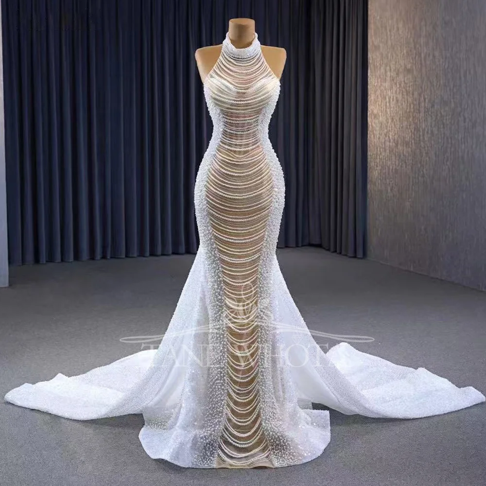 Customized Sexy Halter Sleeveless Lace Up Back Wedding Dress Beading Pearls Sequined Bridal Dress