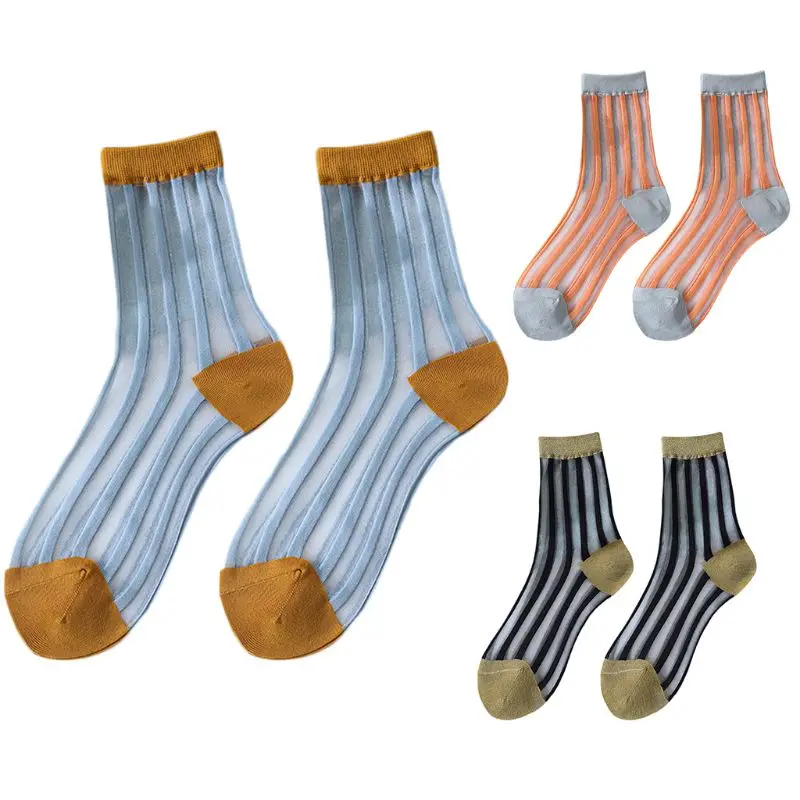 

Women Ultra-Thin Breathable Glass Fiber Long Ankle Socks Contrast Color Vertical Stripes Transparent Tube Hosiery