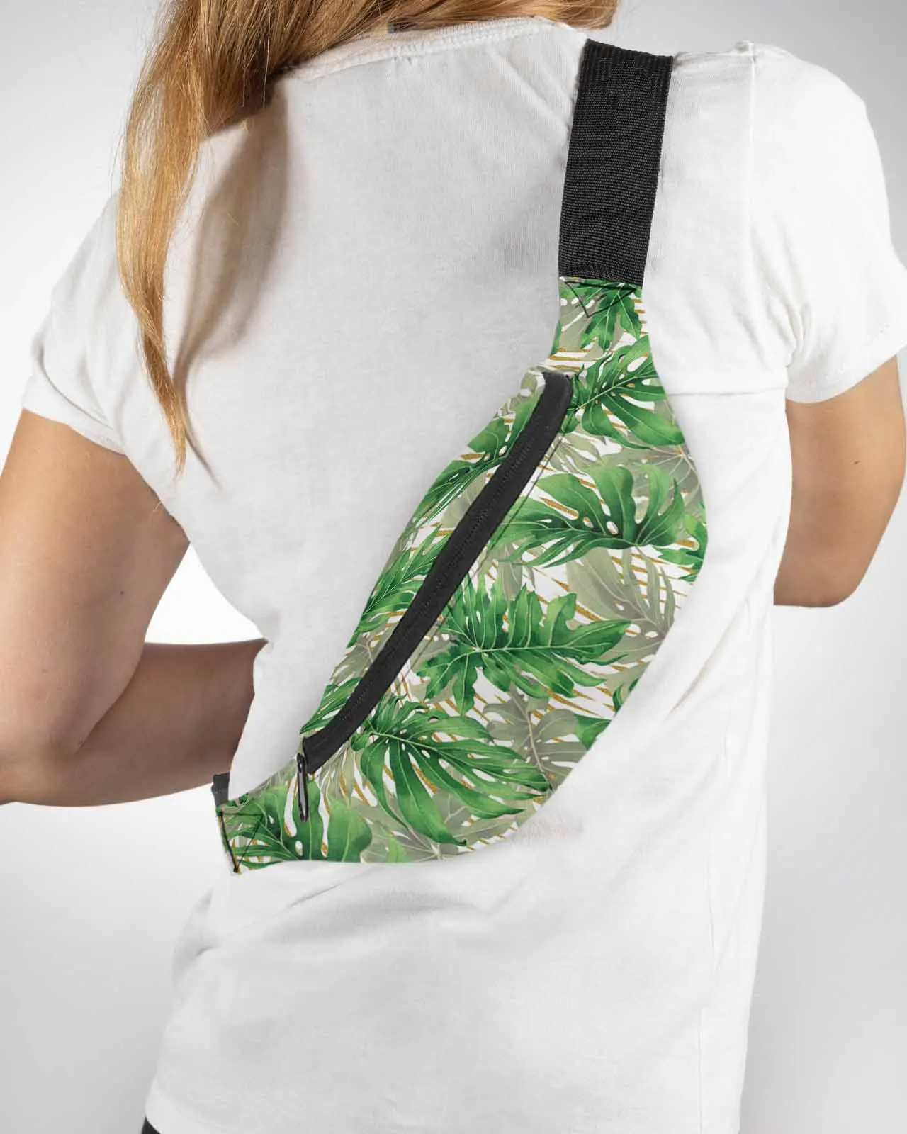 

Watercolor Tropical Plant Turtle Back Palm Leaves Phone Belt Bag Wallet Pouch Waterproof Waist Bag Fanny Pack for Women Men