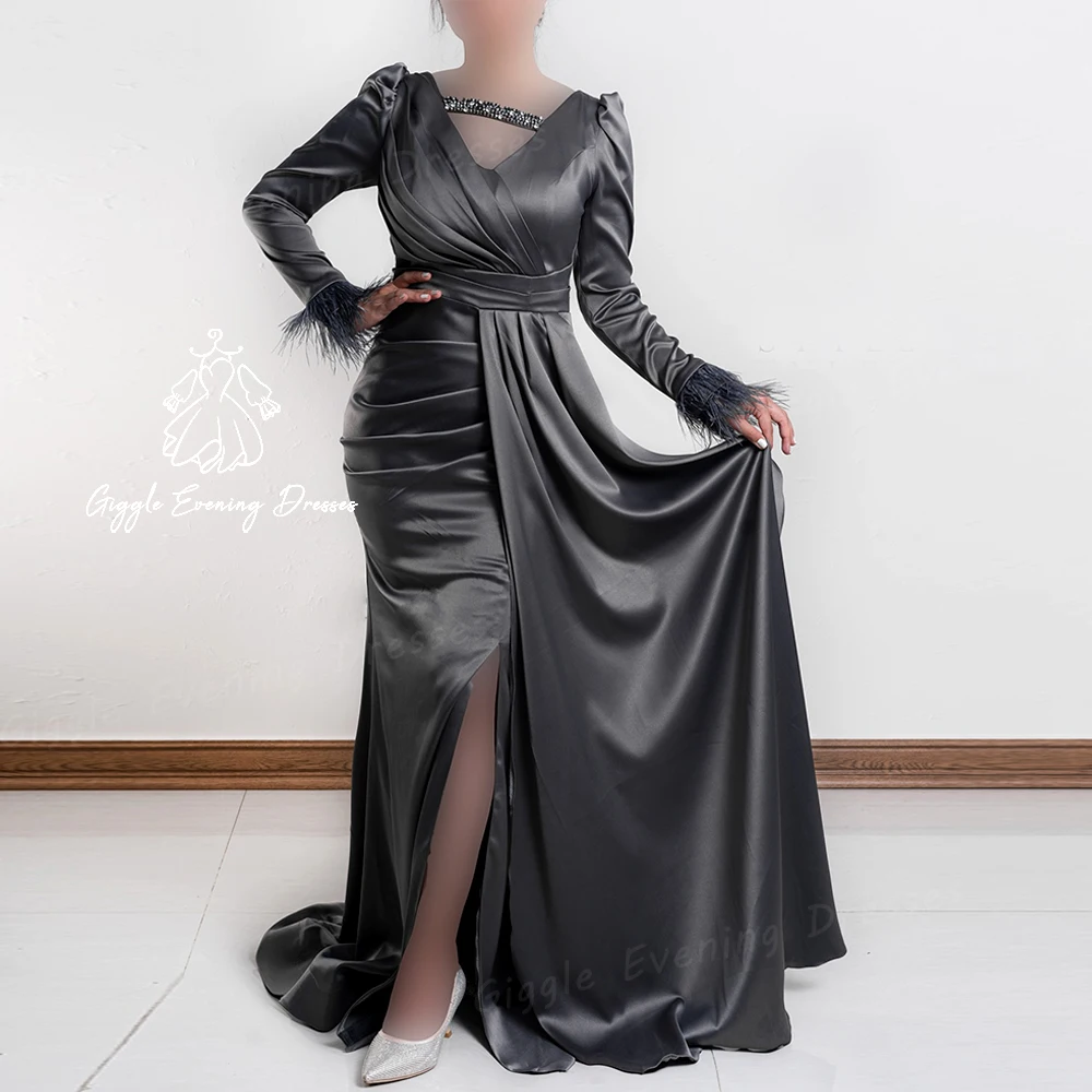 Giggle Beading and Feathers abiti da sera muslimagnades crafti, Luxury 2024, scollo a v, pieghe lunghezza del pavimento Royal elegant party gown women