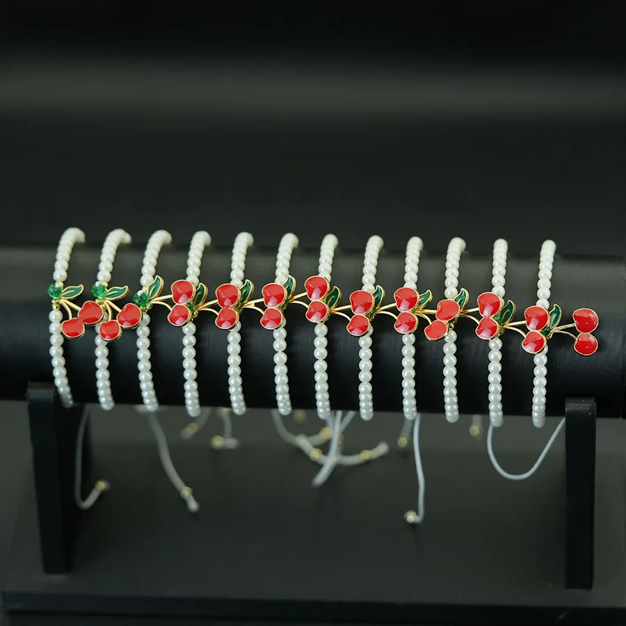 Economic 12Pcs/dozen Sweet Rope Bracelet Women Imitation Pearl Strawberry Cherry Pendant Adjustable Braclet Girls Friend Jewelry