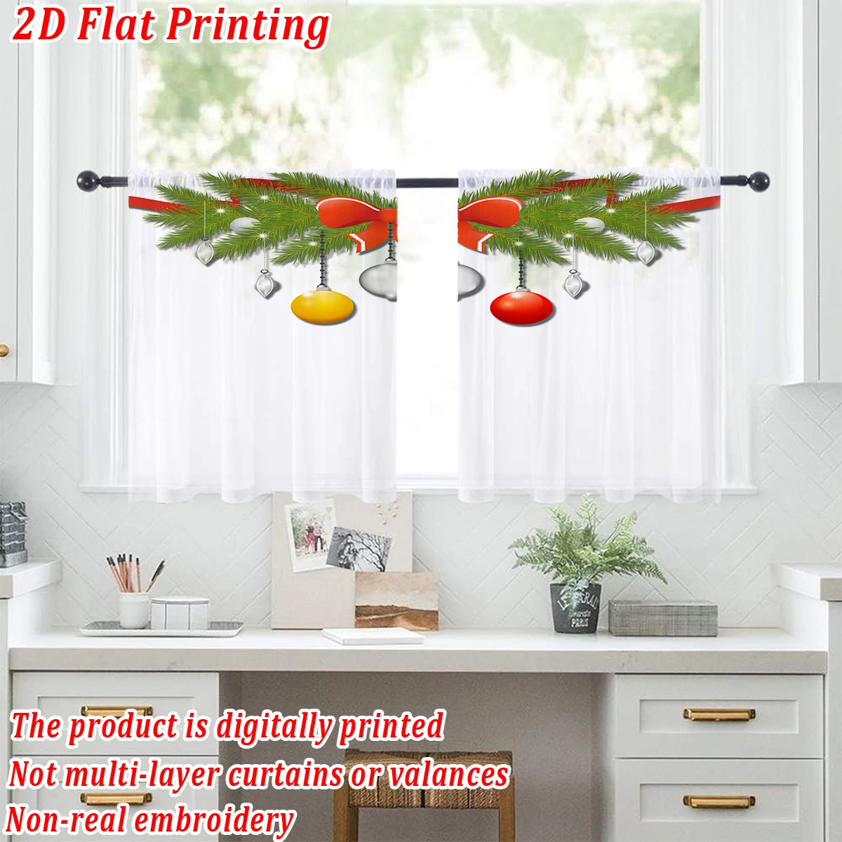 Christmas Flat Printing Kitchen Sheer Curtain with Merry Christmas Ball Pine Branch Bow For Christmas Home Decor  Party