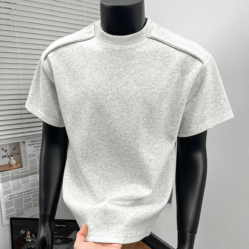 High quality summer men's casual round neck old money short sleeved shirt with breathable and fashionable zipper decoration
