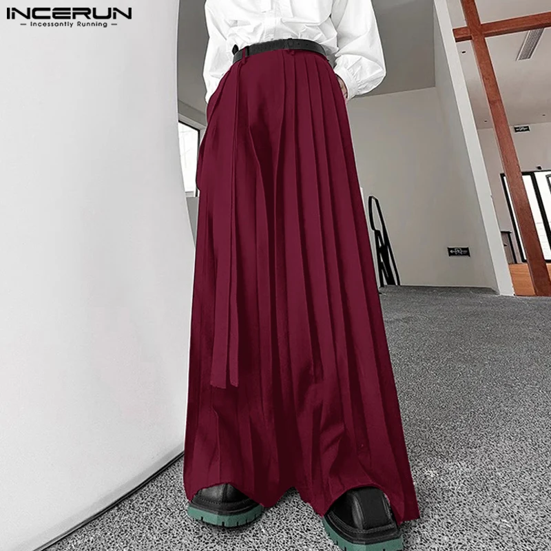 INCERUN 2024 Korean Style Stylish PantalonsMen's Pleated Pressed Design Long Pants Casual City Walk Male Double Ribbon Trousers