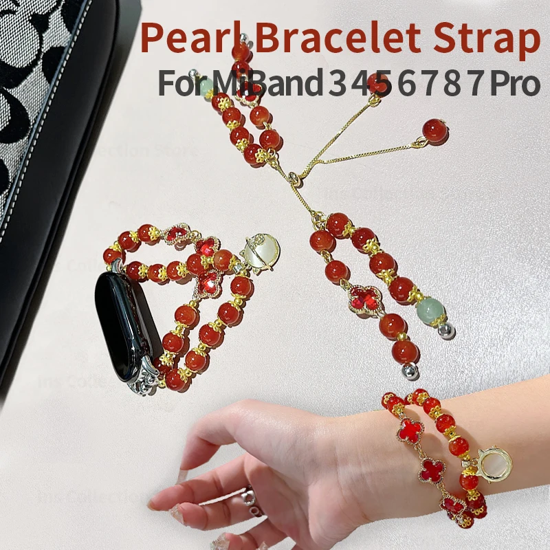 

Retro Beads Bracelet for Xiaomi Mi Band 6 Red Agate Elastic Strap for Miband 5 4 3 7 Pro Jewelry Belt for MI8 Women Jewelry Belt