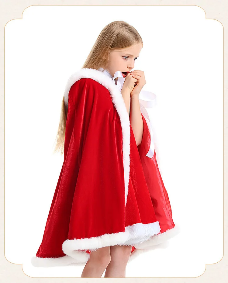 Süßes Weihnachts-Cosplay-Kostüm für Kinder, Weihnachtsmann-Outfit für Weihnachts-Maskerade und Bühnenshow, Samtumhang mit Kapuze, weißes Paspelkanten-Design, rotes Kleid. – Detail 5
