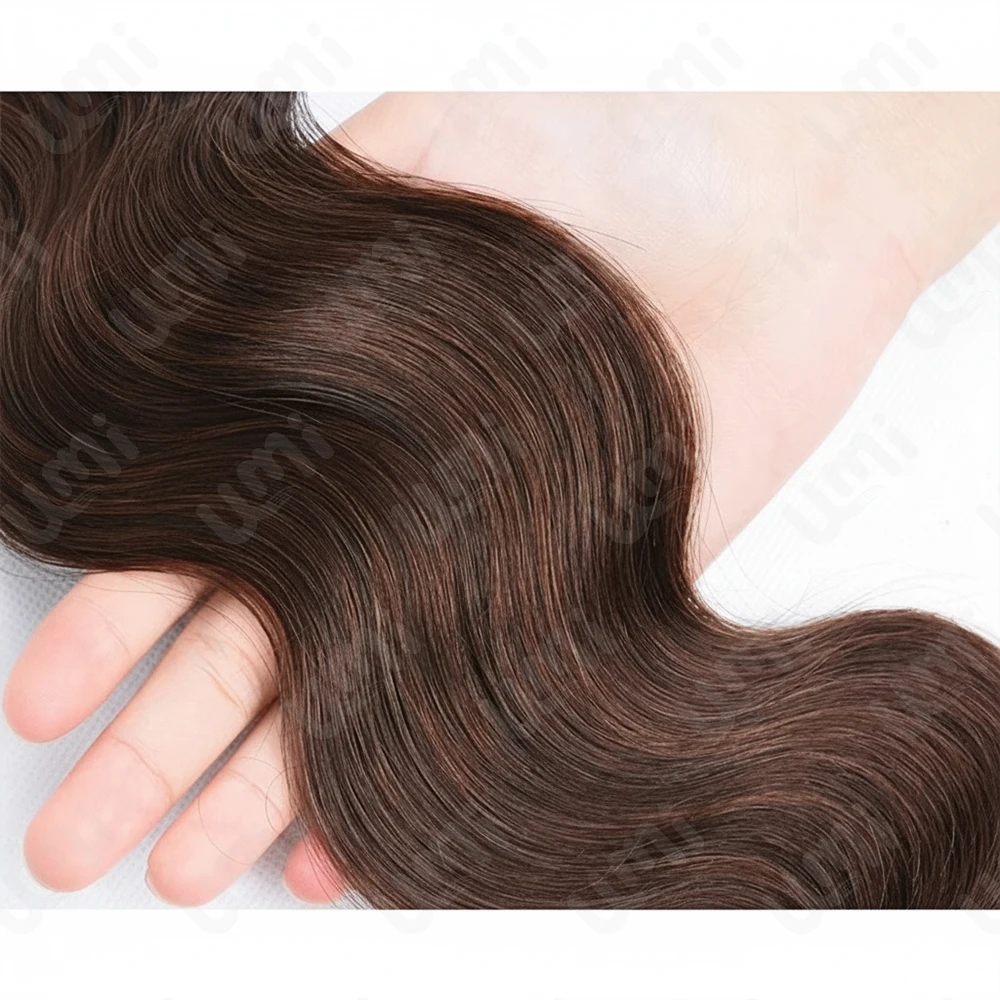 حزم شعر بشري بني بلون الشوكولاتة من بودي ويف مع إغلاق أمامي بدانتيل 13 × 4 3/4 قطعة # 4 وصلات شعر ريمي برازيلي منسوج