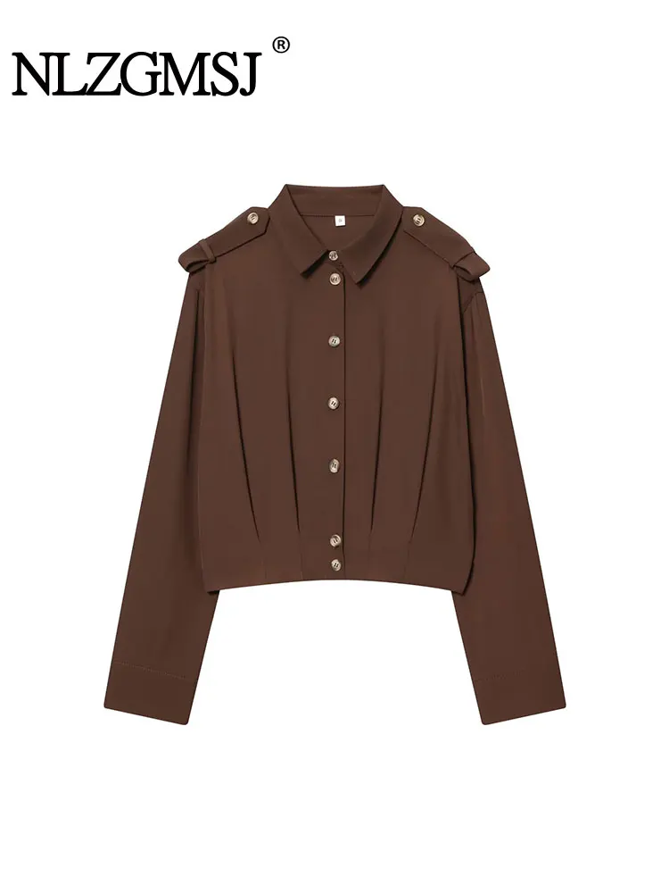 

NLZGMSJ женская блузка 2021, осенняя свободная рубашка с лацканами, повседневный офисный топ, коричневый Y2K