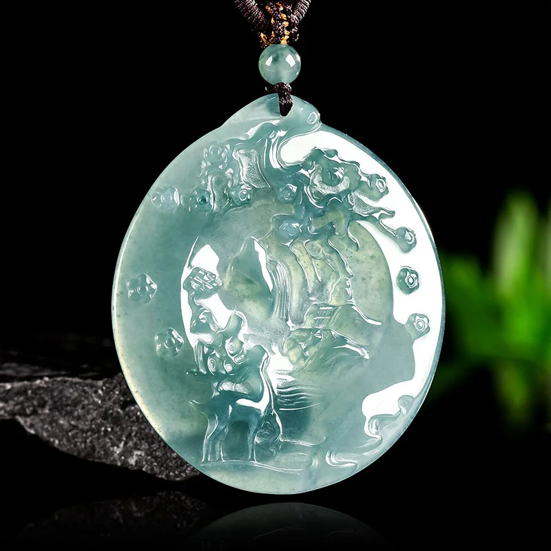 Natural Emerald Blue Water Deer Pendant with Snowy Plum Blossom Motif, Jadeite Ornament from SiHui Jade