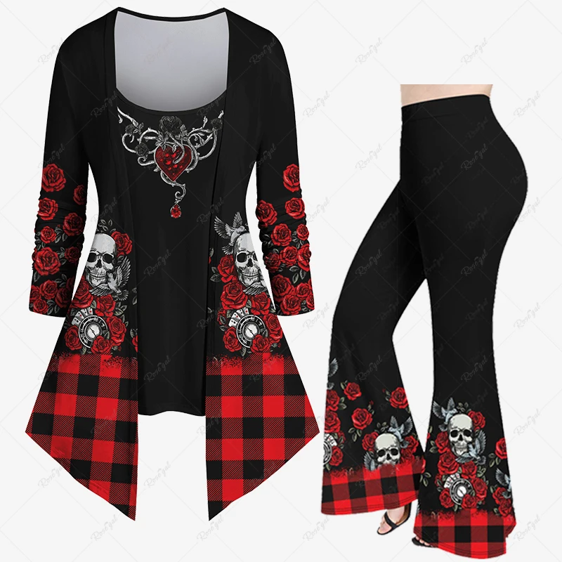 Autumn 2023New Halloween 3D Skull Rose Flower Plaid Bird Pumpkin Bat Flame Print 2 in 1 T-shirt Or Flare Pants Daily Casual Set