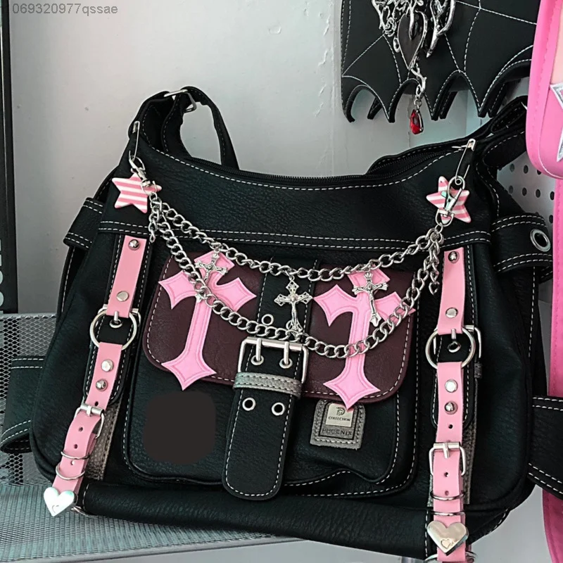 Imagem -03 - Sanrio Hello Kitty Vintage Pink Crossbody Bolsas para Mulheres Bolsa Punk Gótica Tendência Y2k Bolsala com Zíper Escolar Menina Quente