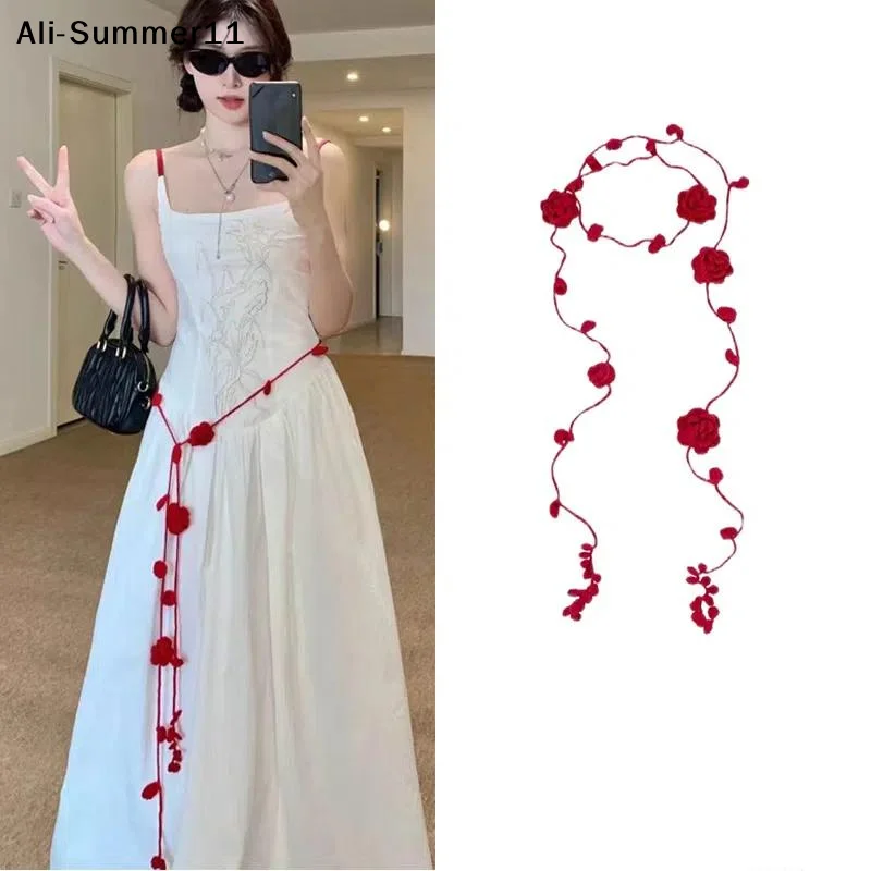 【Wp】Cadena de cintura hecha a mano con diseño de flor de ganchillo, elegante y versátil, para mujer, accesorio decorativo para falda y cinturón