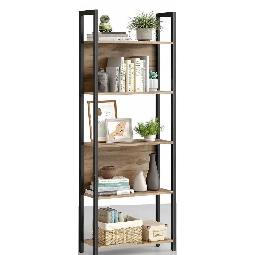 

5-уровневая промышленная книжная полка со стальным каркасом, вместимость 44 фунта, для хранения в гостиной, домашнем офисе, спальне