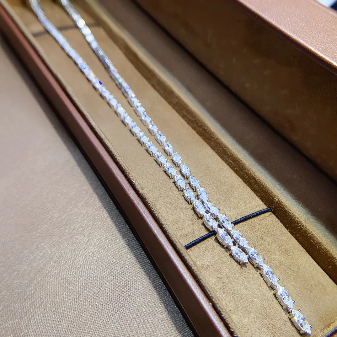 925 Silver Full Moissanite Necklace, 3x6mm Main Stones, Brilliant Diamond Simulant Jewelry Gift for Women