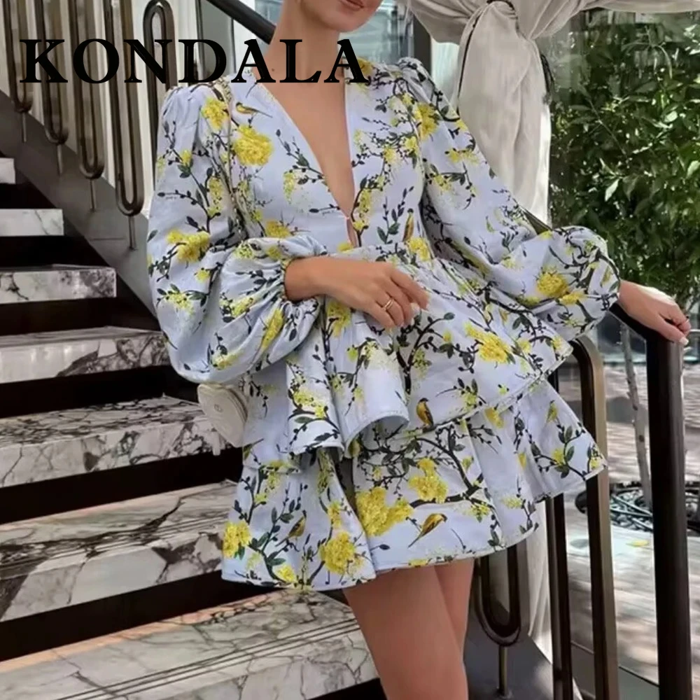 

KONDALA Vintage Summer Flax Woman Print Dresses Fashion 2025 Sexy V-Neck Lantern Sleeve Dress Pleated Party Mini Mujer Vestidos
