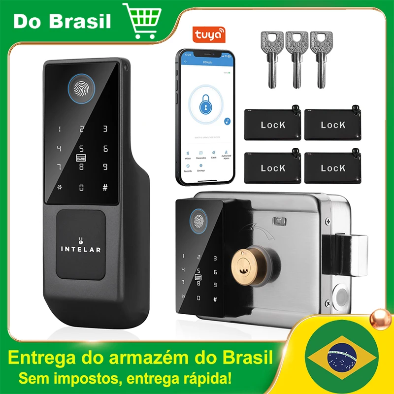 Intelar Fechadura à prova d'água Tuya Smart Lock Wifi com impressão digital de dois lados Fechadura eletrônica de aro para portão externo com senha digital e aplicativo remoto para casa