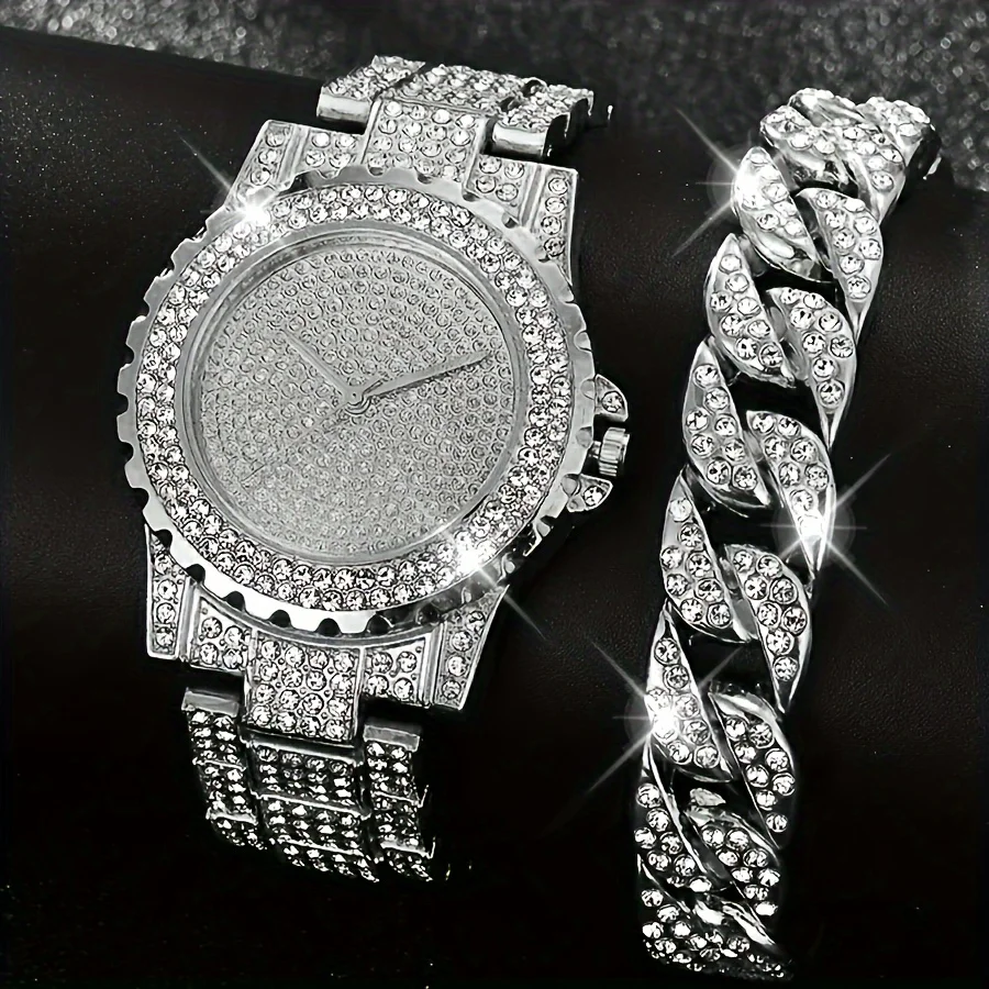 2PCS Luxury Women's Bracelet and Watch Set, Fashion Ladies Rhinestone Dial Quartz Wristwatch Elegant Female Bracelet Watches Set