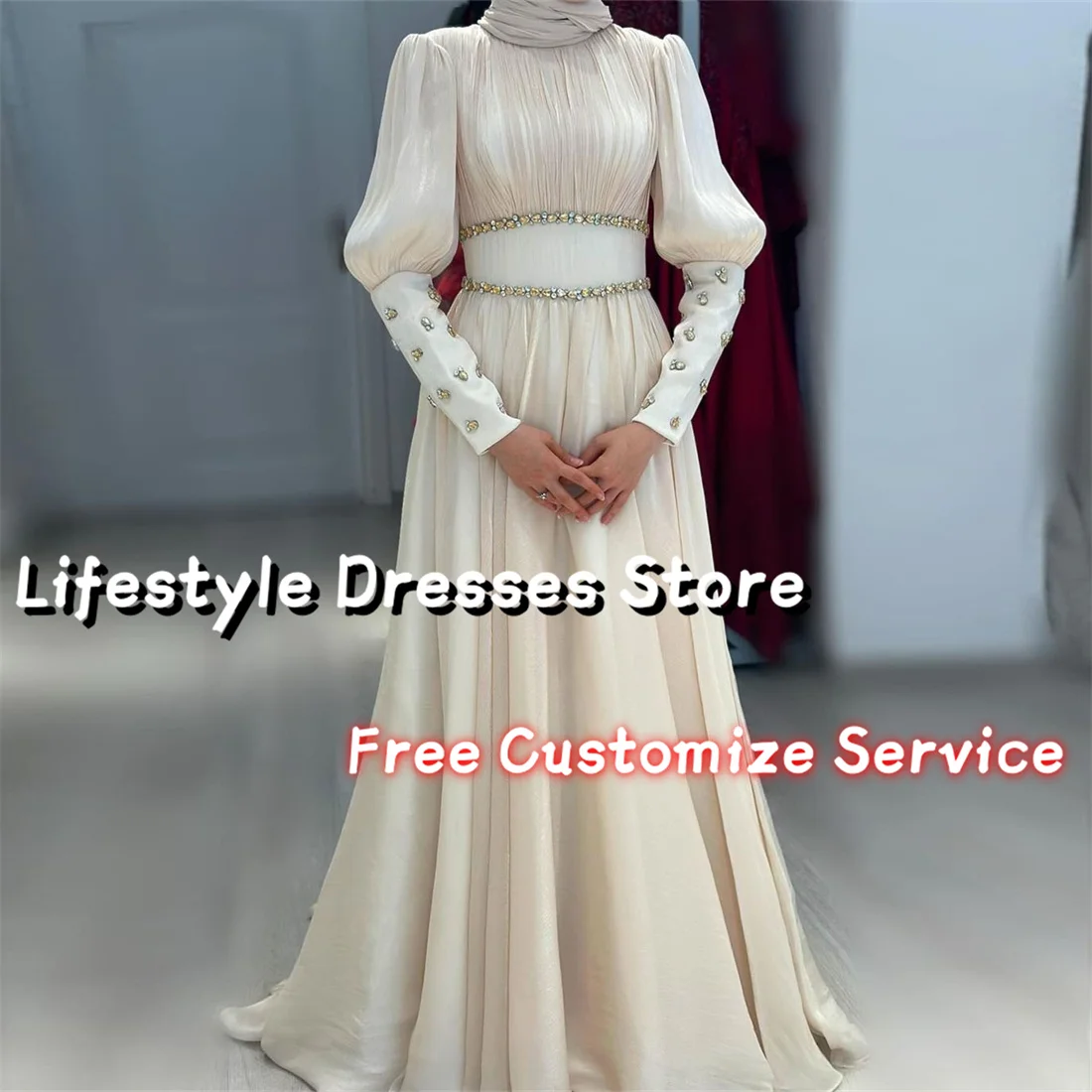 

Light Champagne Glossy A-Line Long Sleeve Crystal Beads Formal Dress Pleat Long Evening Prom Dress Wedding Guest 2024 Party Gown