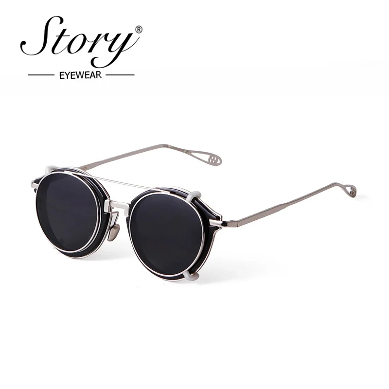 STORY Vintage Steampunk Clip on Sunglasses Men 2020 Fashion Classic Leopard Metal Round Removable Flip Lens Sun Glasses S1810