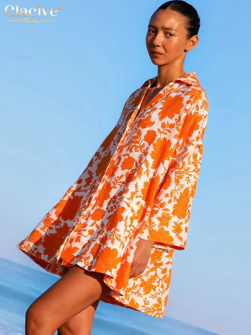 Clacive Fashion Loose Print 2 Piece Sets Women Outfit Elegant Long Sleeve Shirt With High Waist Shorts Set Female Streetwear