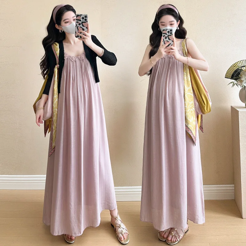 Maternity Suit Summer 2026 Gentle Elegant Temperament Floral Pink Spaghetti Strap Maxi Dress and Thin Cardigan Two Piece Set