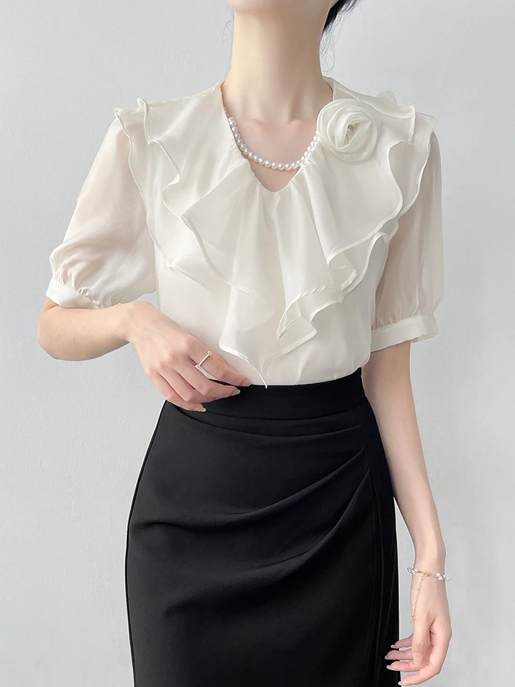 

Корейская однотонная женская блузка с V-образным вырезом, летняя новинка, свободная, стройнящая, из шифона, с коротким рукавом, во французском стиле, свободного кроя