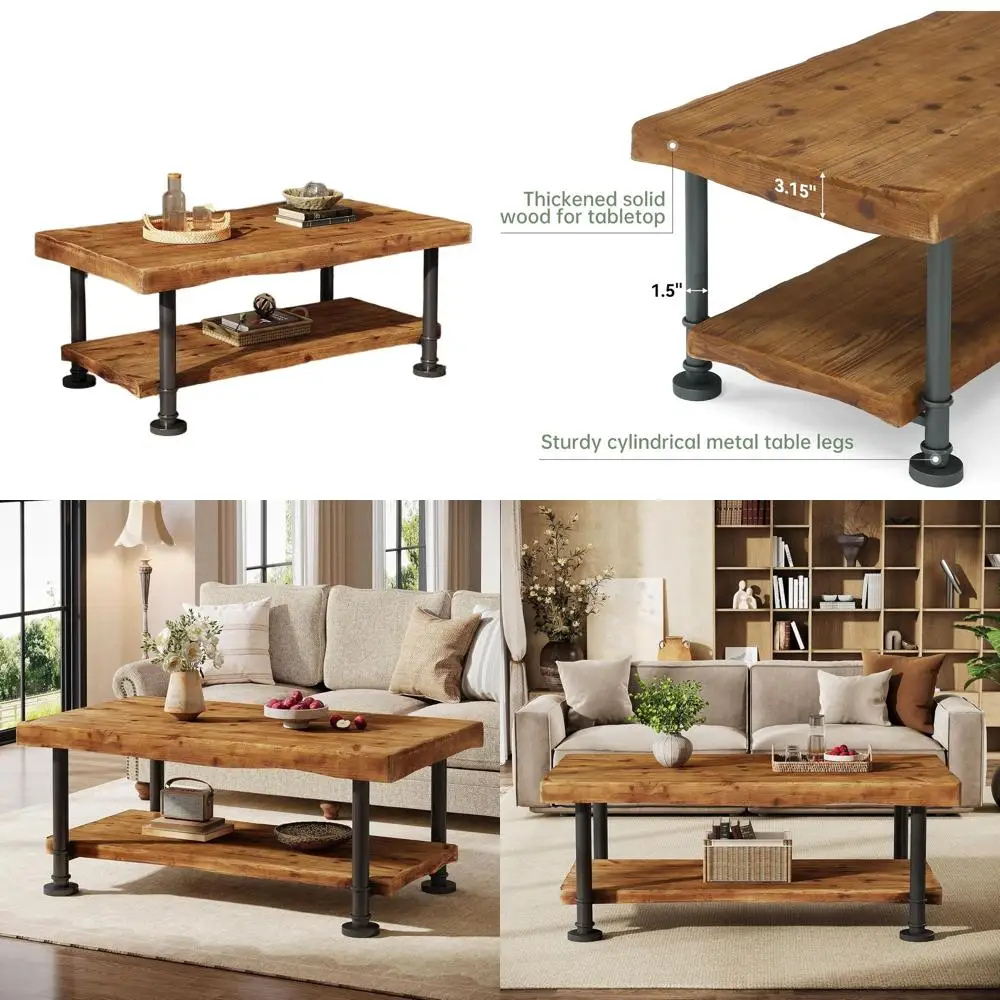 

47-дюймовый двухуровневый журнальный столик из массива дерева с металлическими ножками, подходит для гостиной, коричневый и черный цвета.