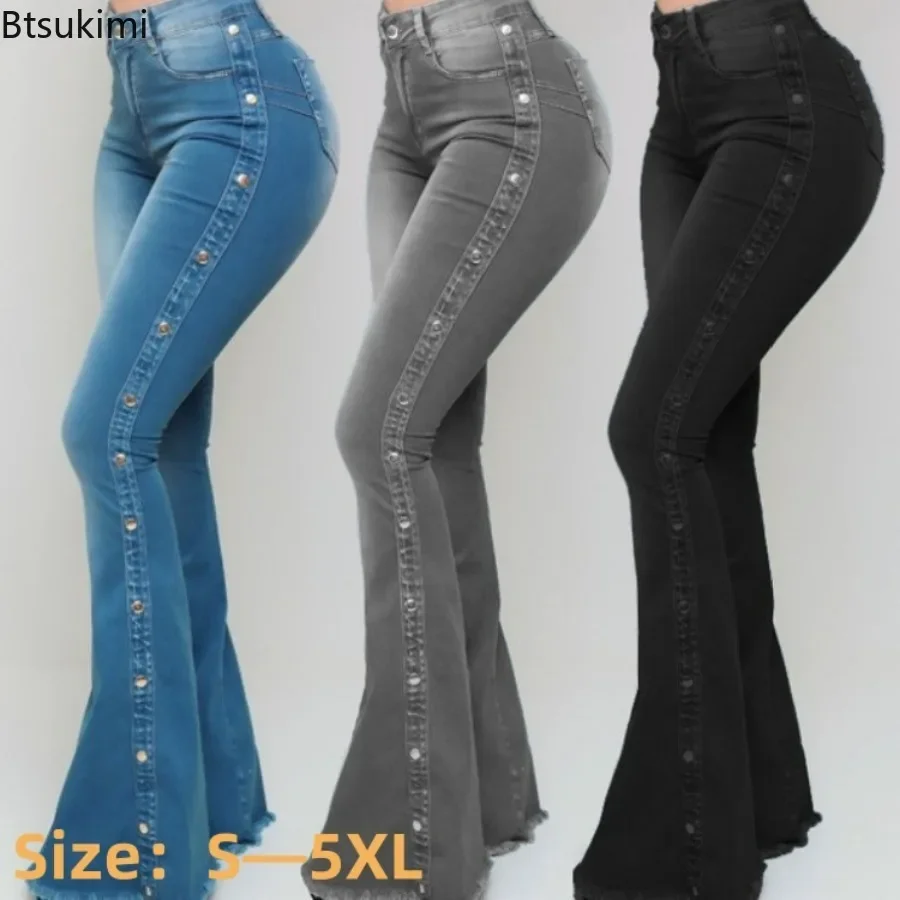 

2024Women's Mid Waisted Stretch Flare Jeans Pants Wide Leg Butt-lifted Korean Style Skinny Bell Bottom Pocket Trousers Jeans 5XL