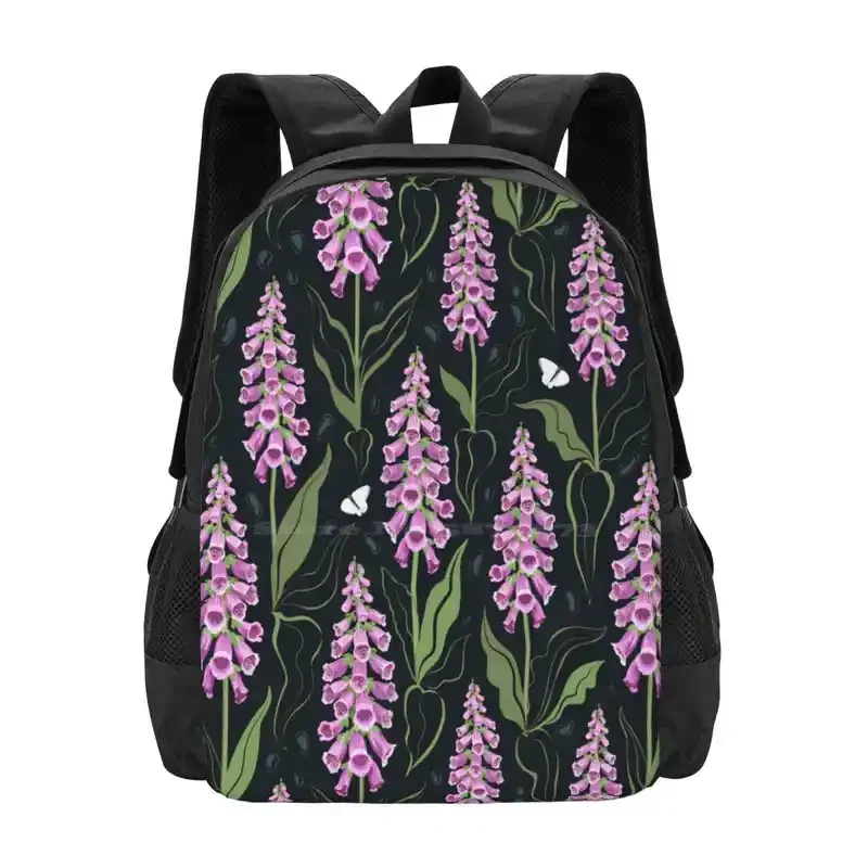 Foxgloves Pattern Schoolbag Backpack, bolsas de moda, padrão botânico do jardim, flor floral, folha de natureza florescendo, rosa, venda quente