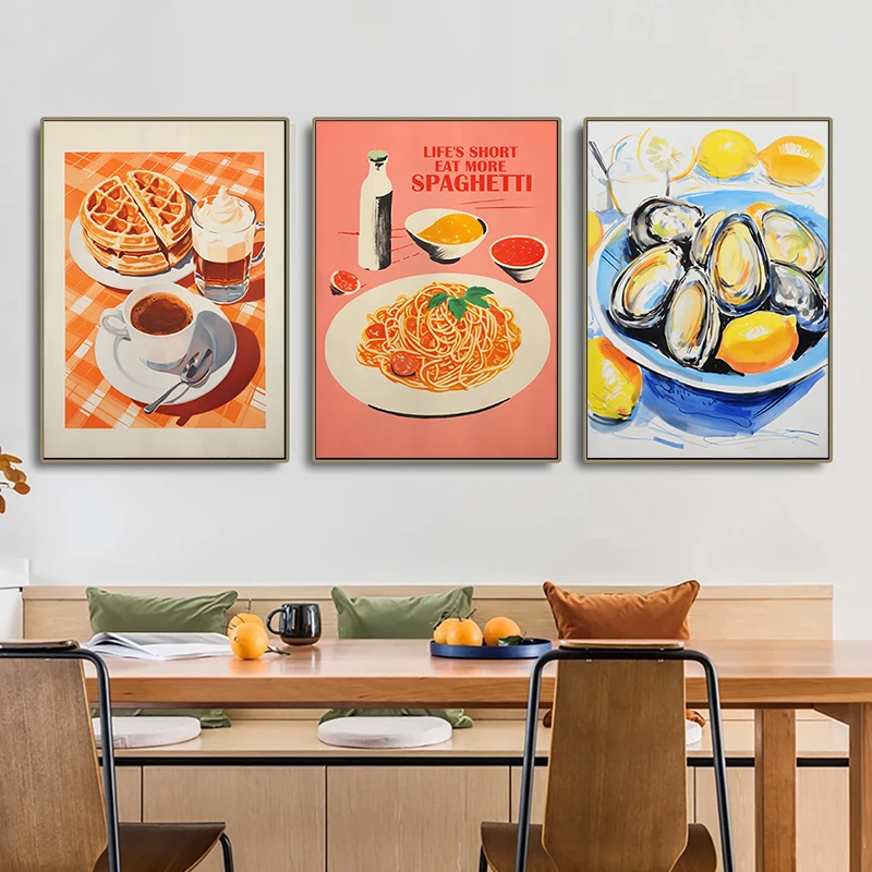 Vintage Food Poster Eggs Bacon Spaghetti Pancakes Seafood Cheese Canvas Painting Wall Art Picture Kitchen Restaurant Home Decor