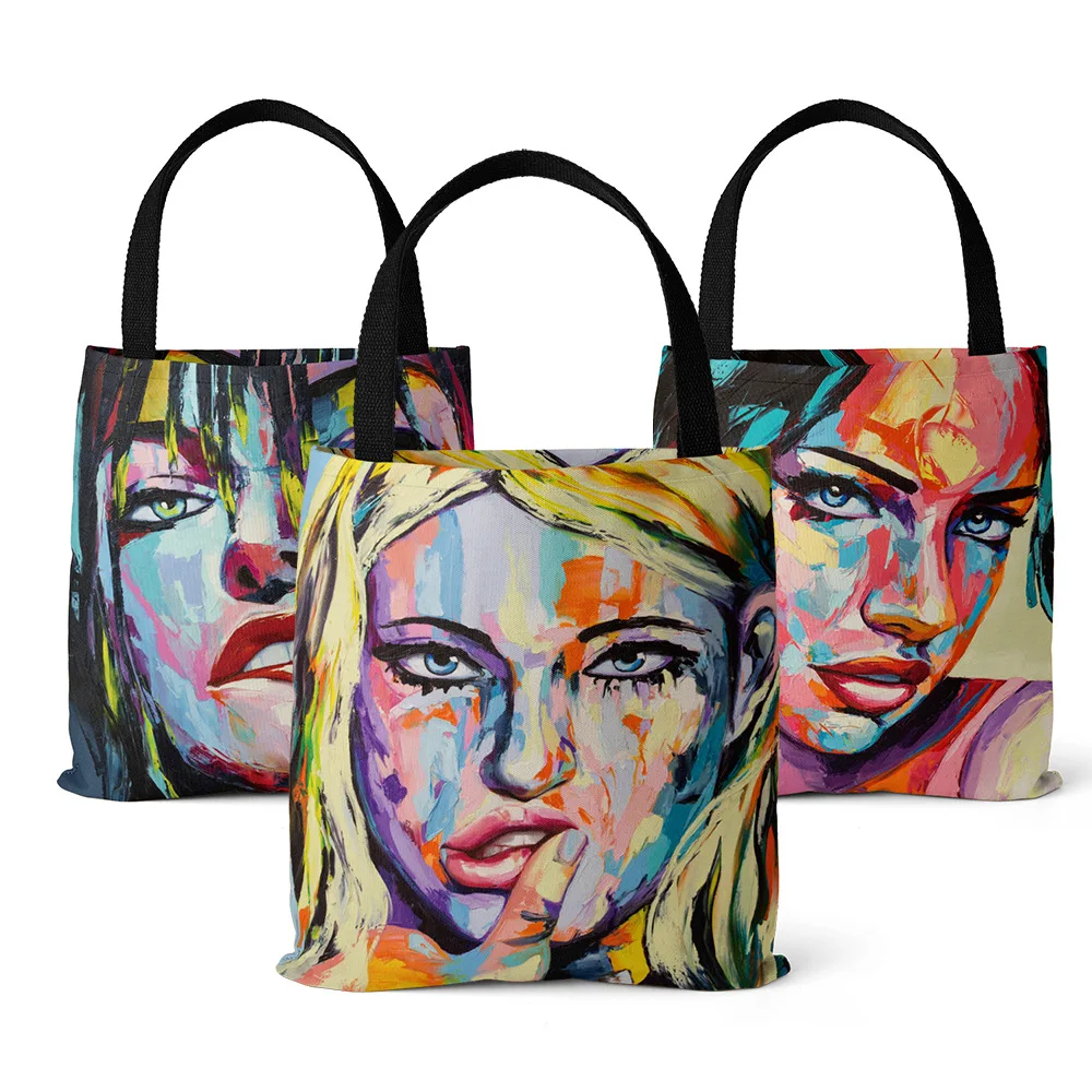 

Large Canvas Fashion Shoulder Shopping Bag Gocery Eco Handbag Oil Painting Women's Face Black Shoulder Strap Street Style Tote