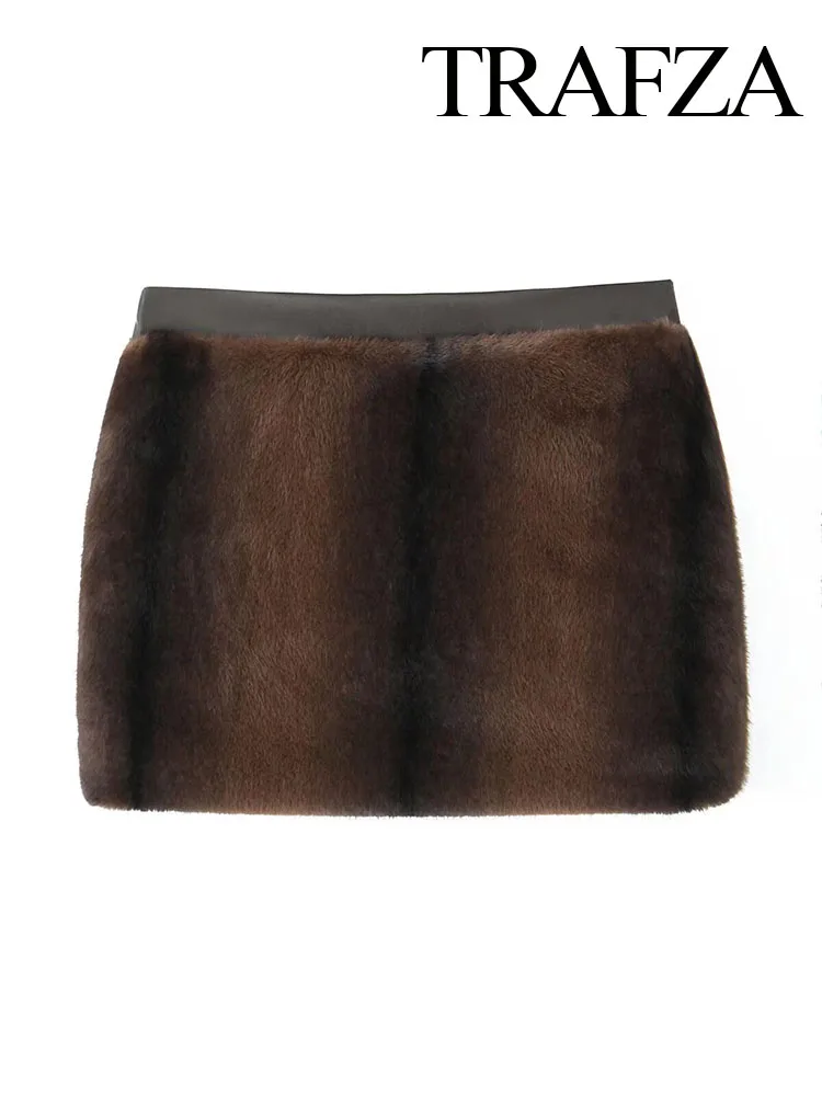 TRAFZA Women's Winter Fashion Vintage Warm Faux Fur Effect Skirt Female Commuting Versatile High Waist Pocket Zipper Short Skirt