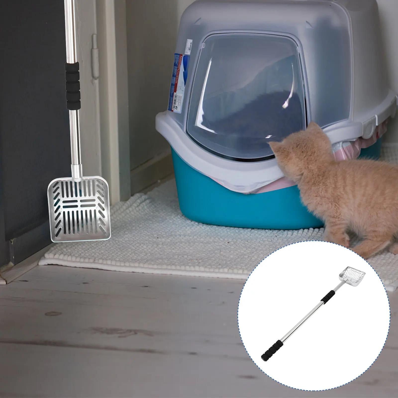 

Metal Cat Litter Scoop with Telescoping Handle for All Litter Types Comfortable Grip No Stooping Fast Efficient Cleaning Pet