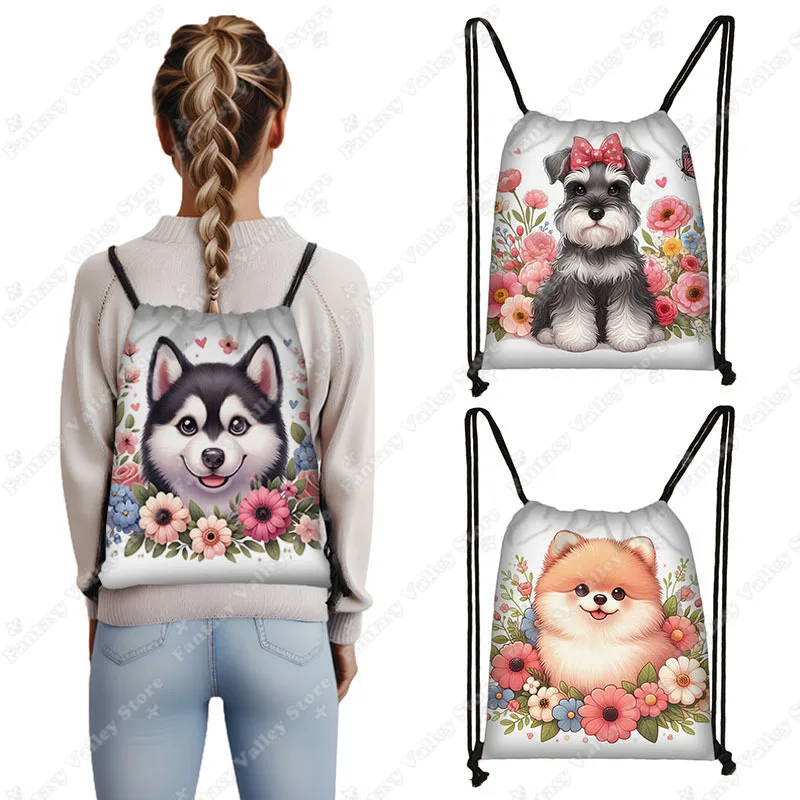 

Flowers Husky Dog Backpacks Floral Schnauzer Maltese Corgi Puppy Drawstring Bags Children Book Bag Shoes Holder School Backpack