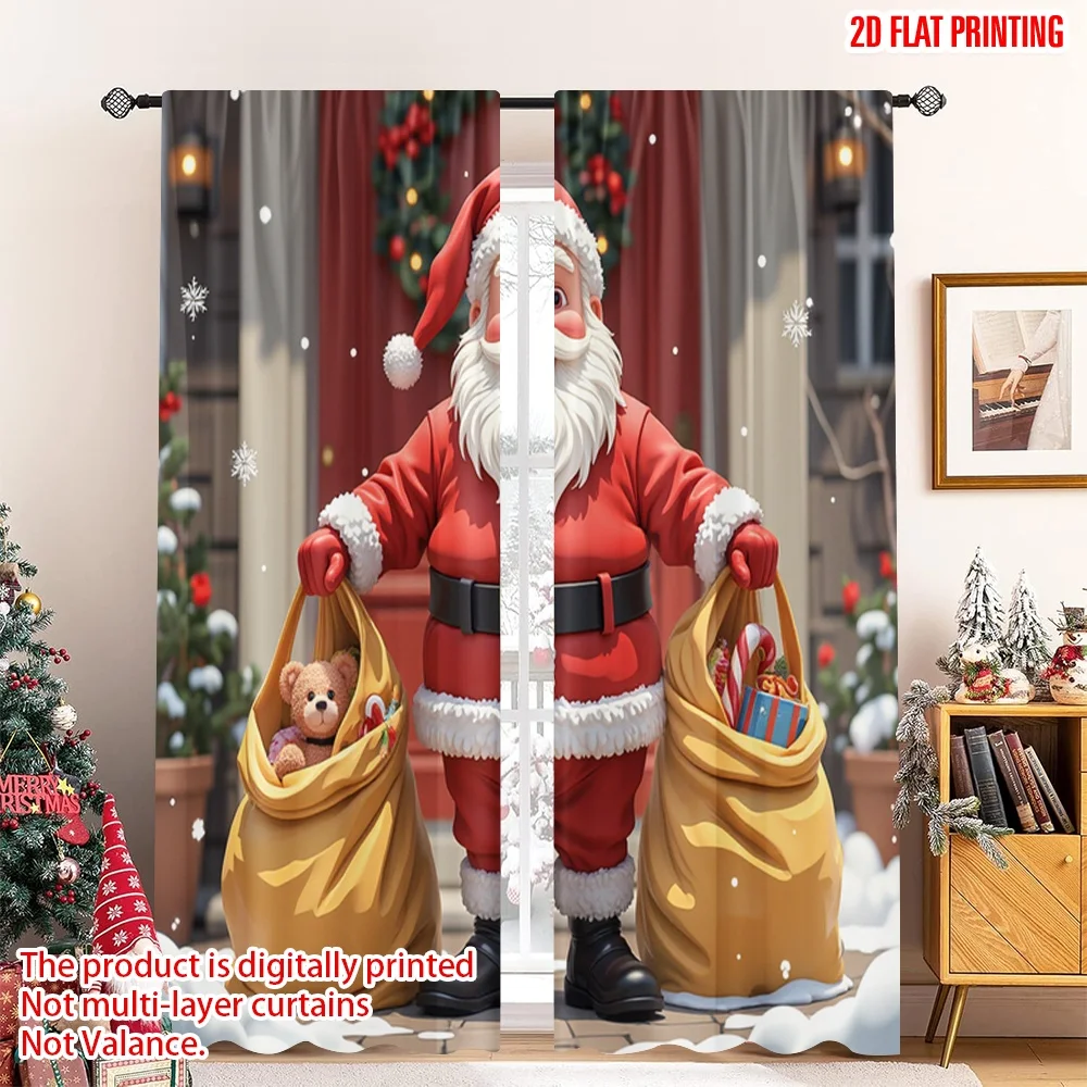 

2pcs 2D flat printing Christmas Curtain Santa Claus Gifts Teddy Bears Polyester Without Electricity Family Party Perfect for