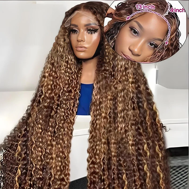 

13x6 Lace water wave 40 inch frontal human hair wigs 250 density Deep wave P4/27 Honey Brown Curly Lace Front Human Hair Wig